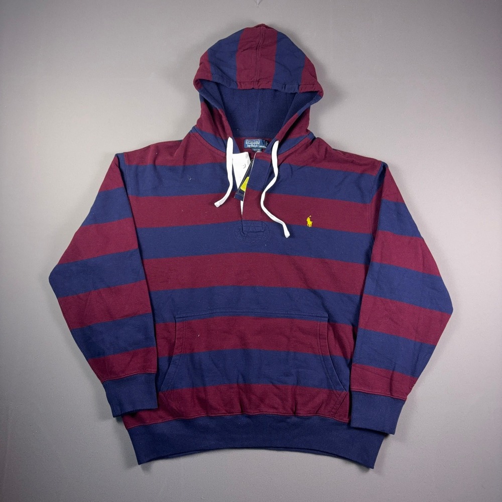 NEW Polo Ralph Lauren Rugby Hoodie Mens 2XB Big Burgundy Navy Striped Pony Logo